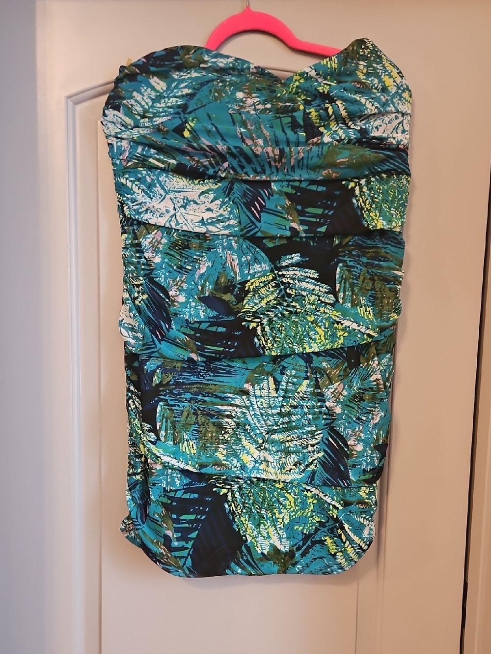 Strapless Ruched Dress Teal Tropical Print Dress